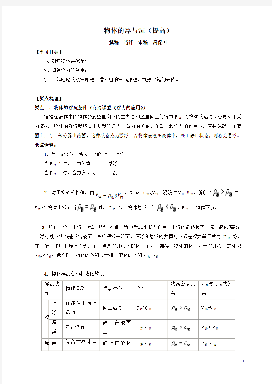 初二物理下册物体的浮与沉(提高)知识讲解