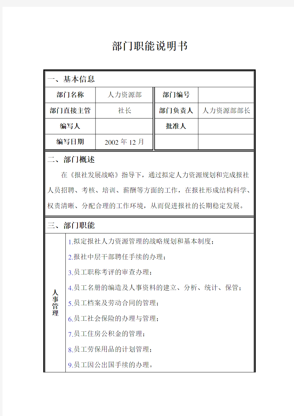 部门职能说明书表格人力资源部