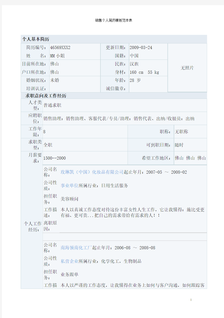 销售个人简历模板范本表