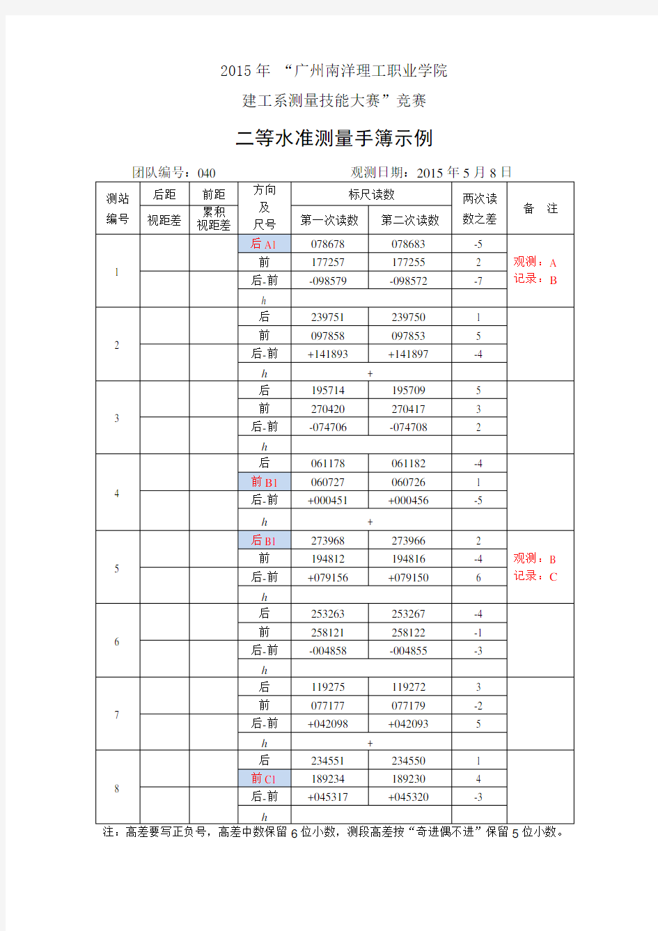 等水准测量记录计算示例