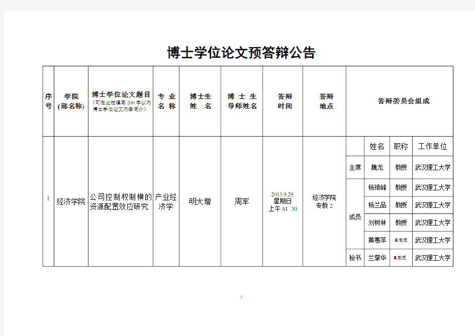 博士学位论文预答辩公告