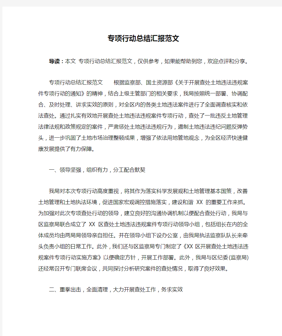 专项行动总结汇报范文