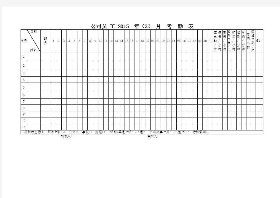 员工每月考勤表记录