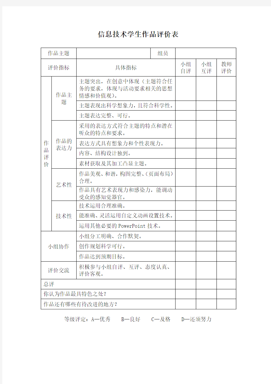 信息技术学生作品评价表