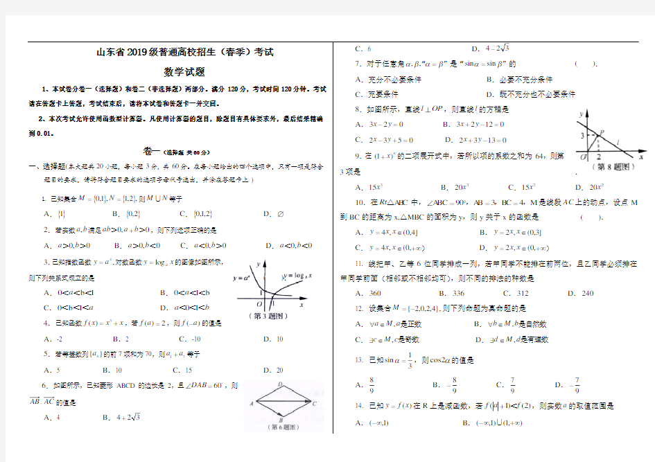 (完整word版)2019年山东省春季高考数学真题