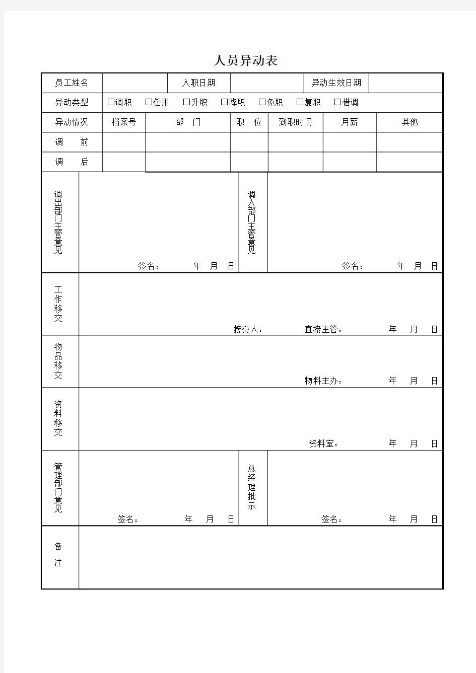 人员异动表模板