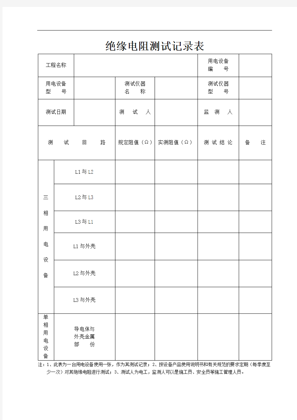 最新-绝缘电阻测试记录表