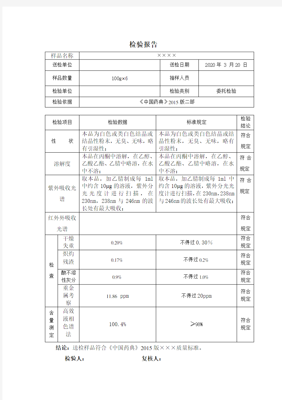 原料药检验报告模板