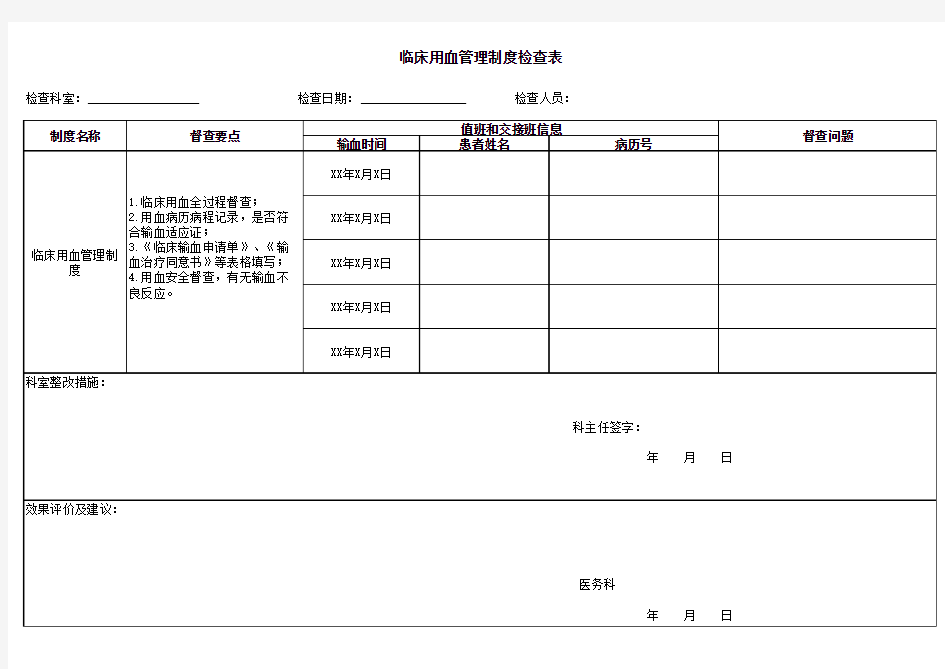 临床用血管理制度检查表