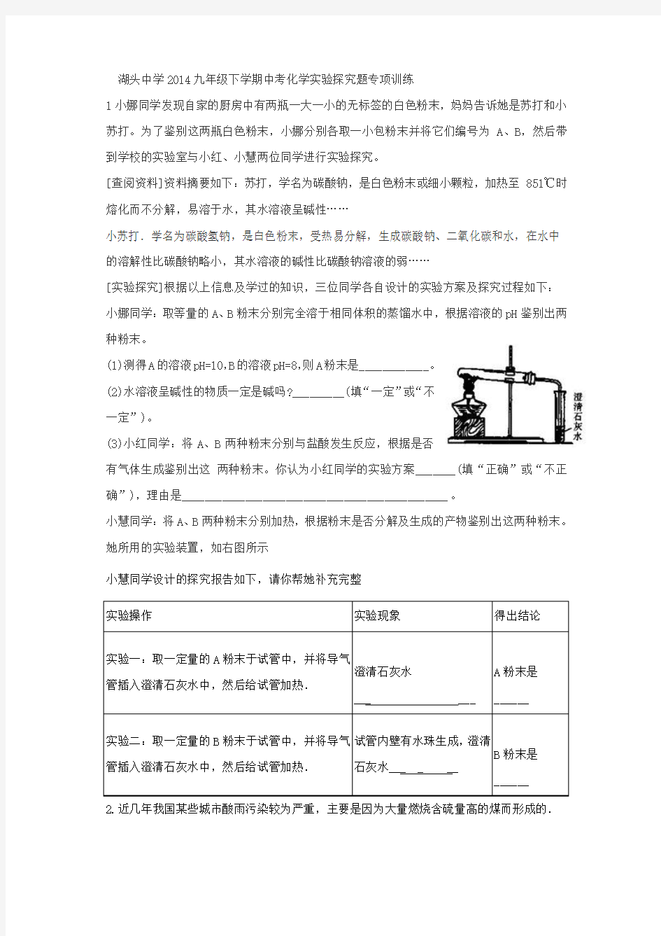 2019-2020年九年级下学期中考化学实验探究题专项训练有答案