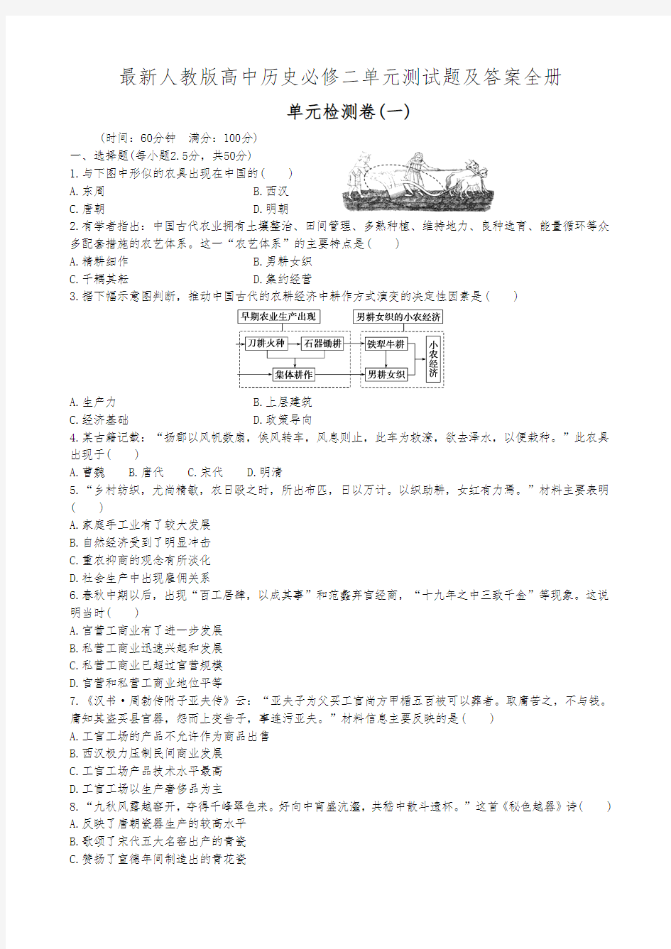 最新人教版高中历史必修二单元测试题及答案全册