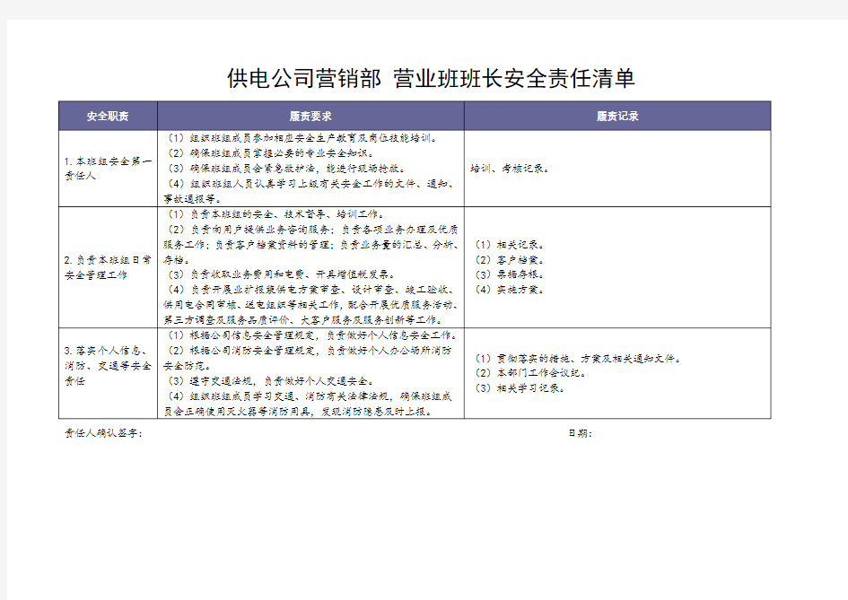 供电公司营业班长安全责任清单