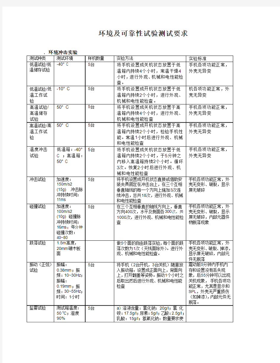 整机环境及可靠性试验测试要求