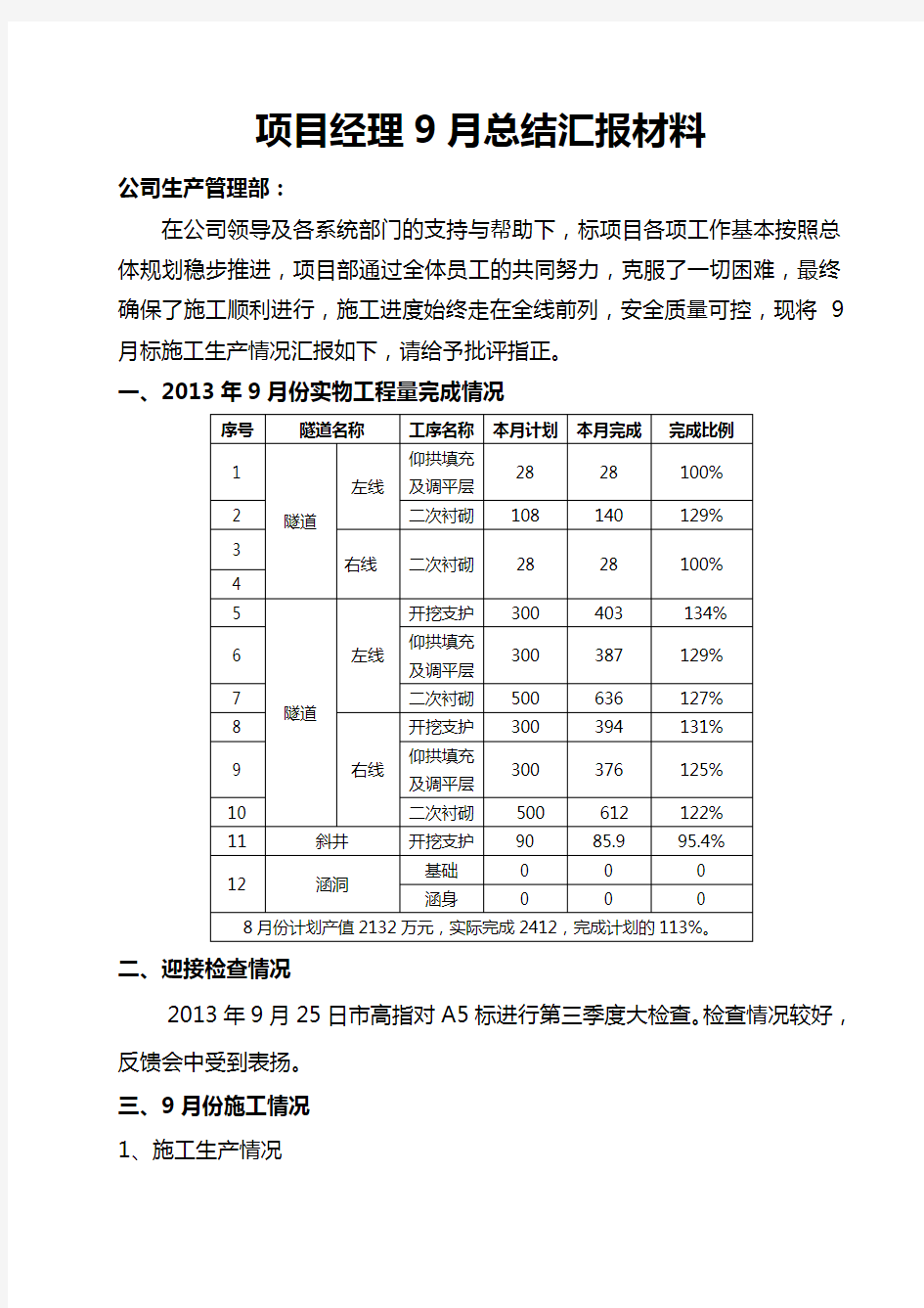 项目经理月报总结汇报材料