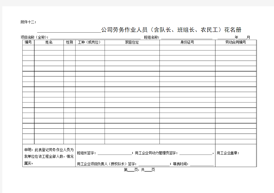 12公司劳务作业人员花名册