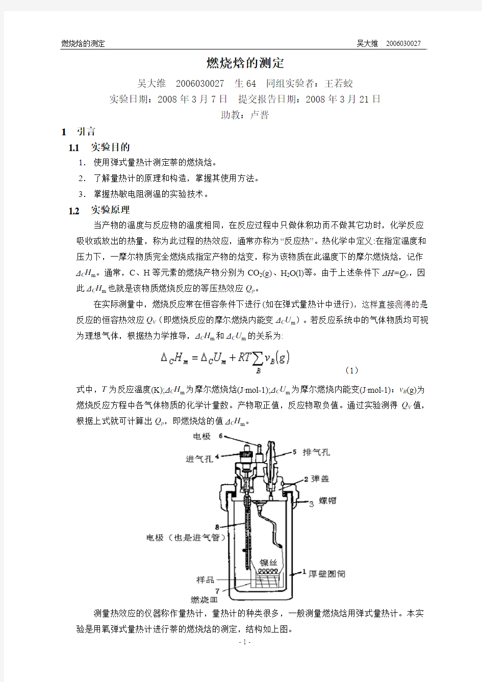 燃烧焓的测定-2006030027