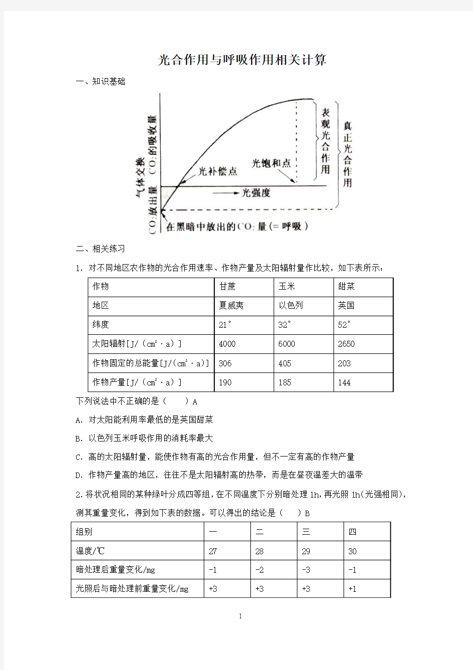 光合作用与呼吸作用计算