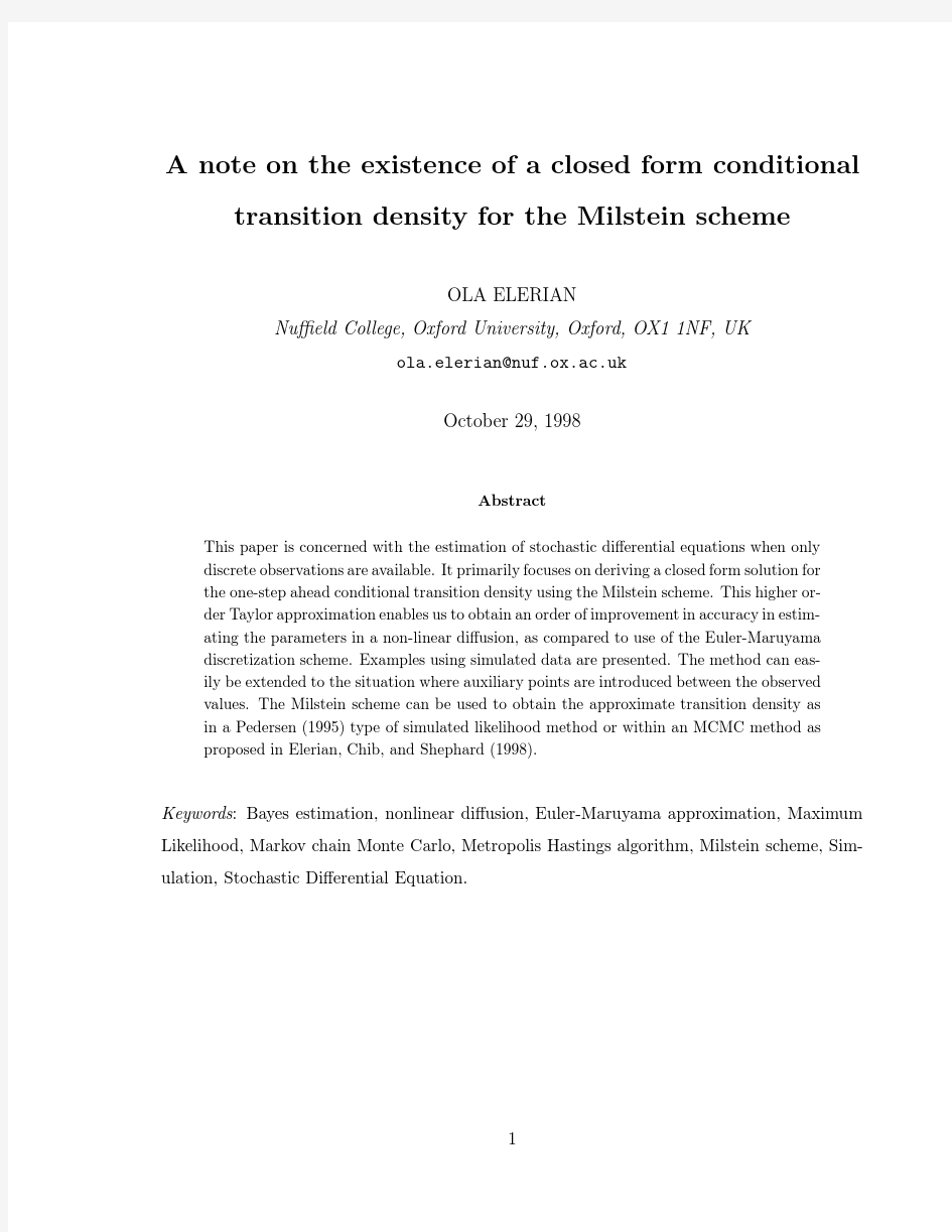 A note on the existence of a closed form conditional transition density for the Milstein sc