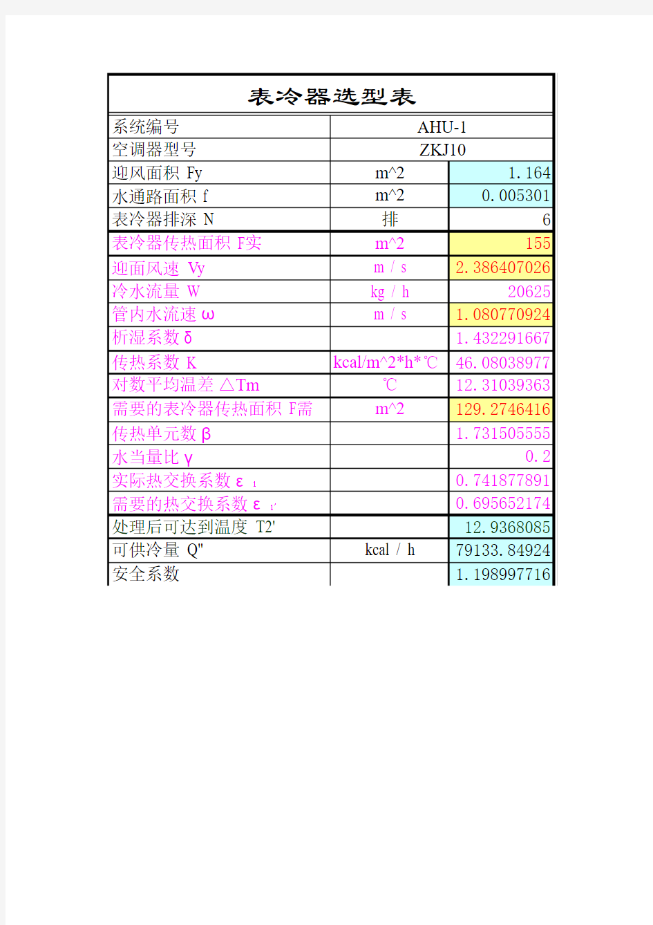 表冷器加热器选型计算表