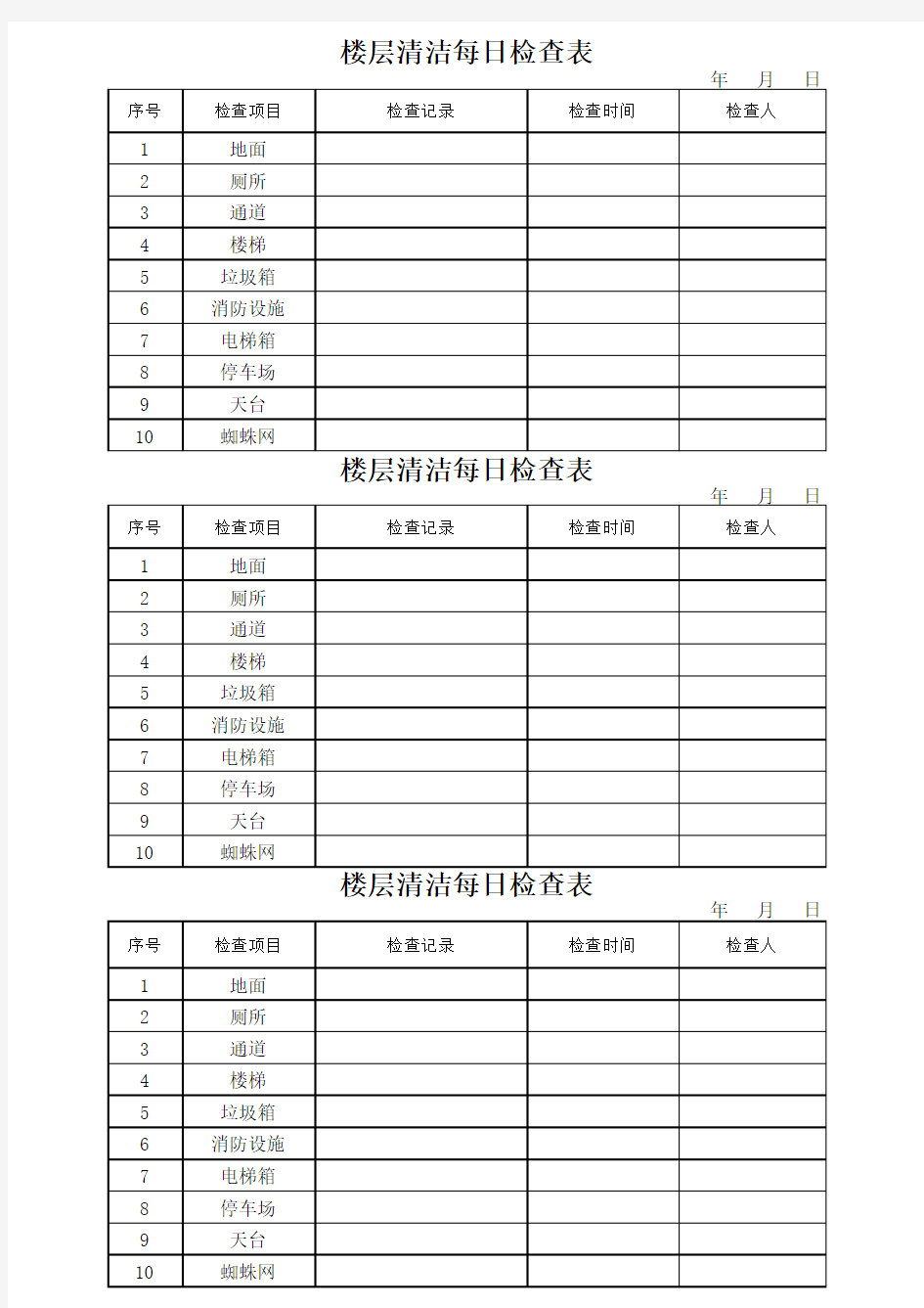 楼层清洁每日检查表