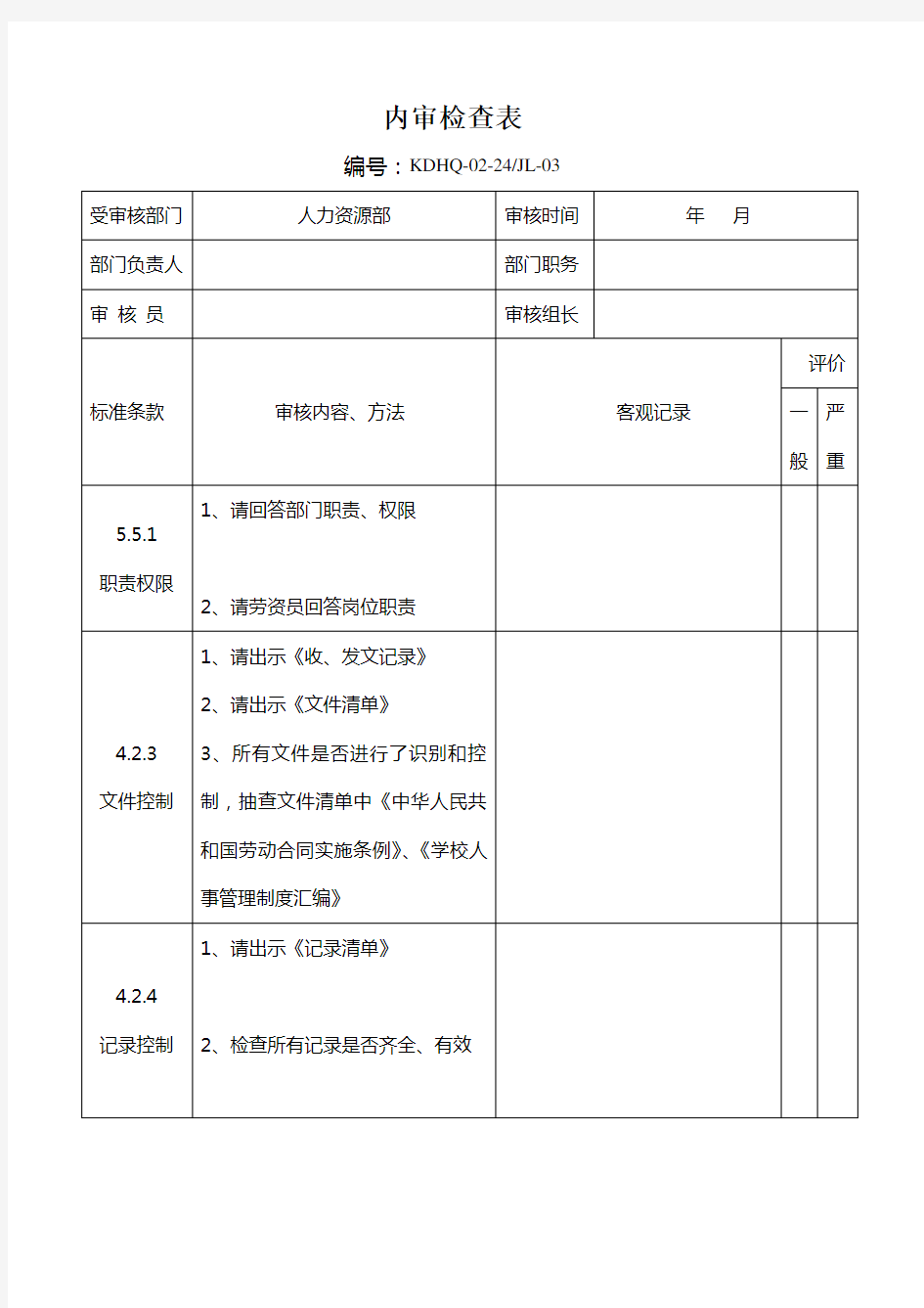 人力资源部内审检查表