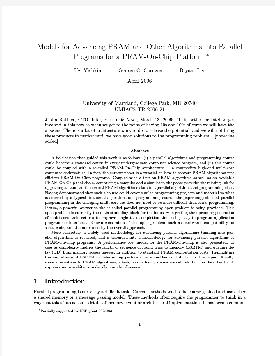 Models for advancing PRAM and other algorithms into parallel programs for a PRAM-On-Chip pl