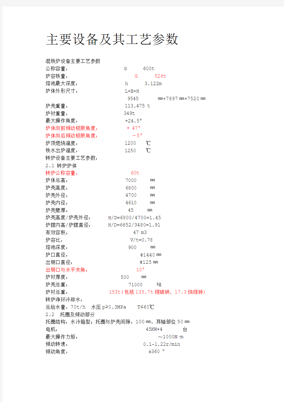 炼钢主要设备及其工艺参数