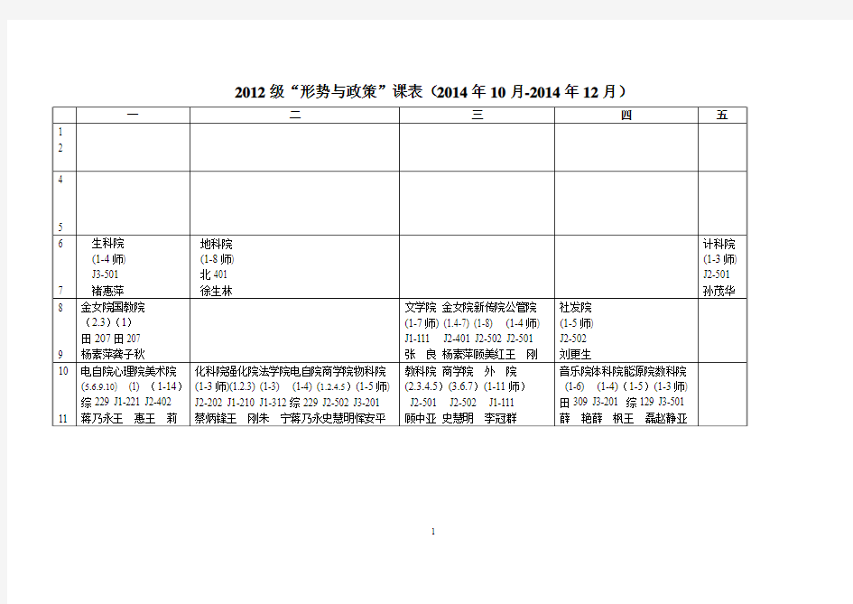 2014-2015学年第一学期“形势与政策”课表