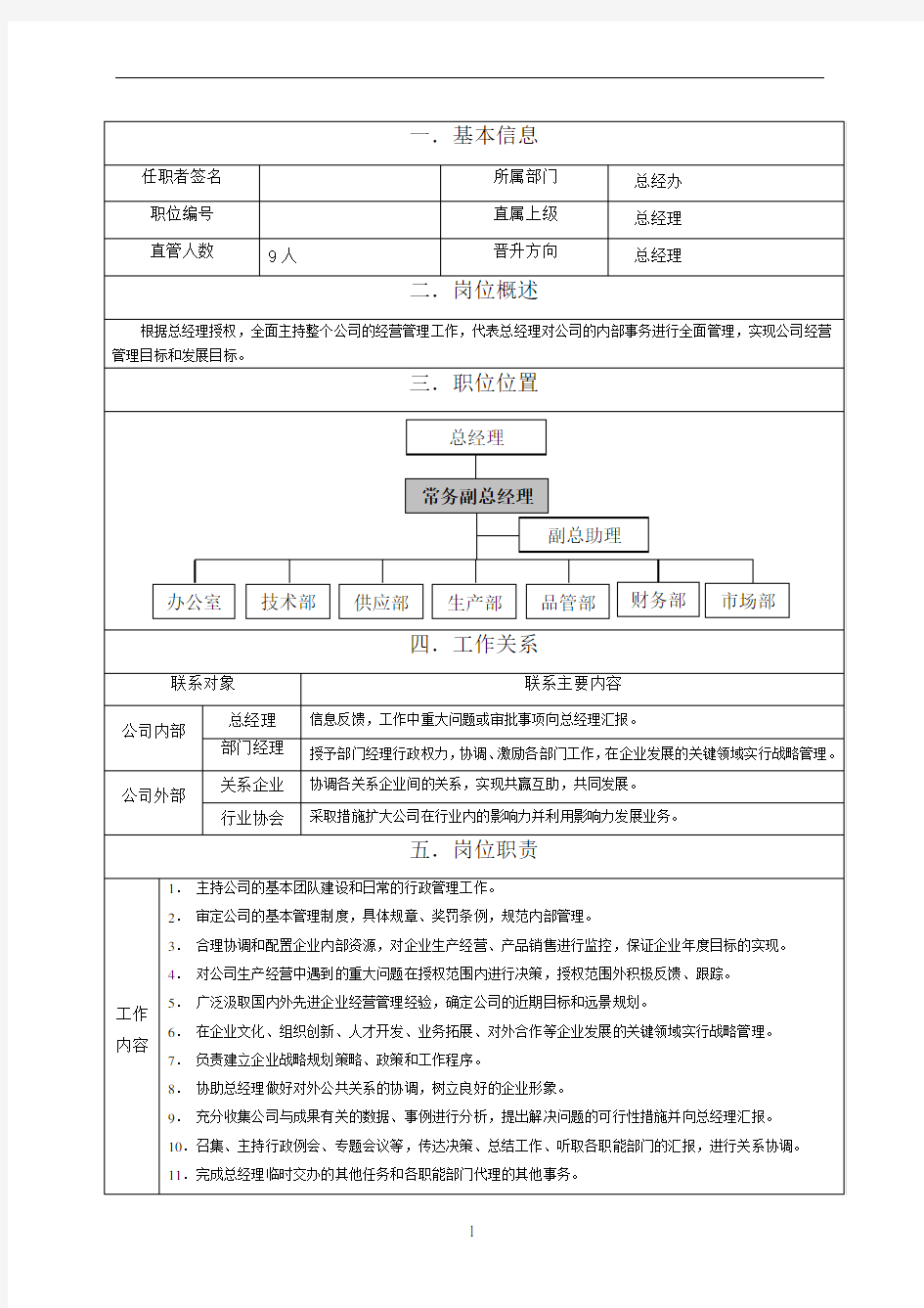 副总经理岗位职责范本