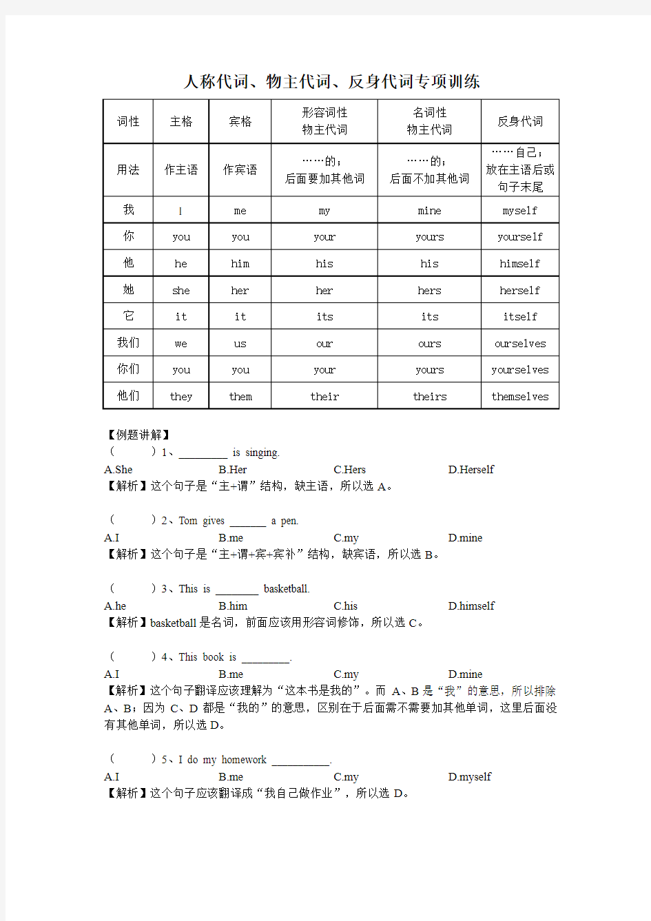 初中英语人称代词专项练习题