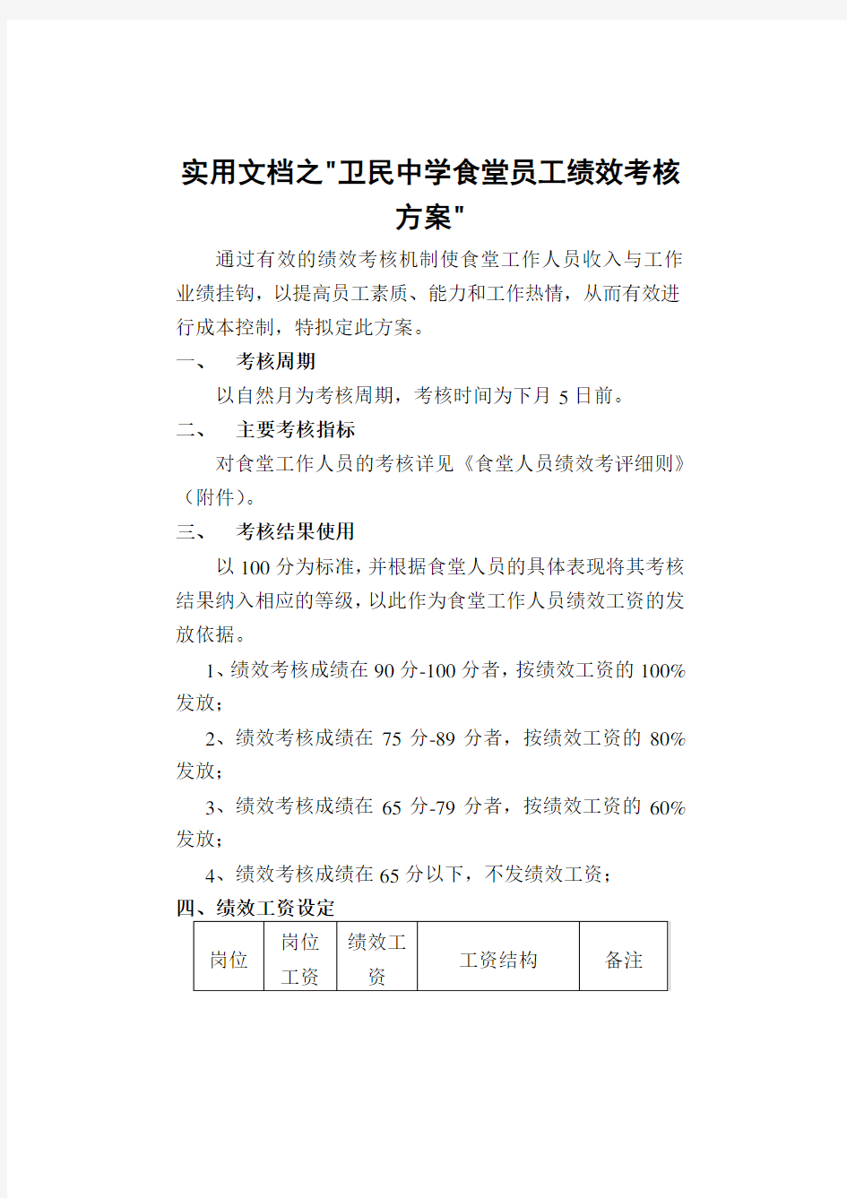 实用文档之职工食堂绩效考核方案及考评细则