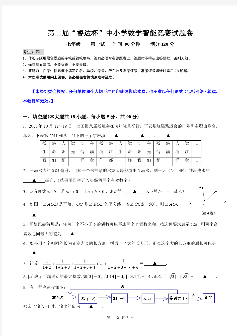 浙江省七年级第二届“睿达杯”数学能力竞赛一试试卷
