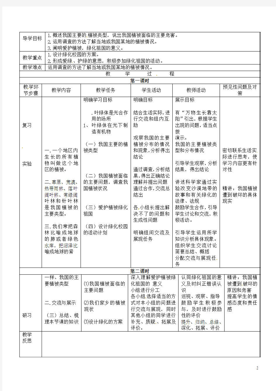 吉林省通化市七年级生物上册第3单元第6章爱护植被绿化祖国导学案2(新版)新人教版 (1)