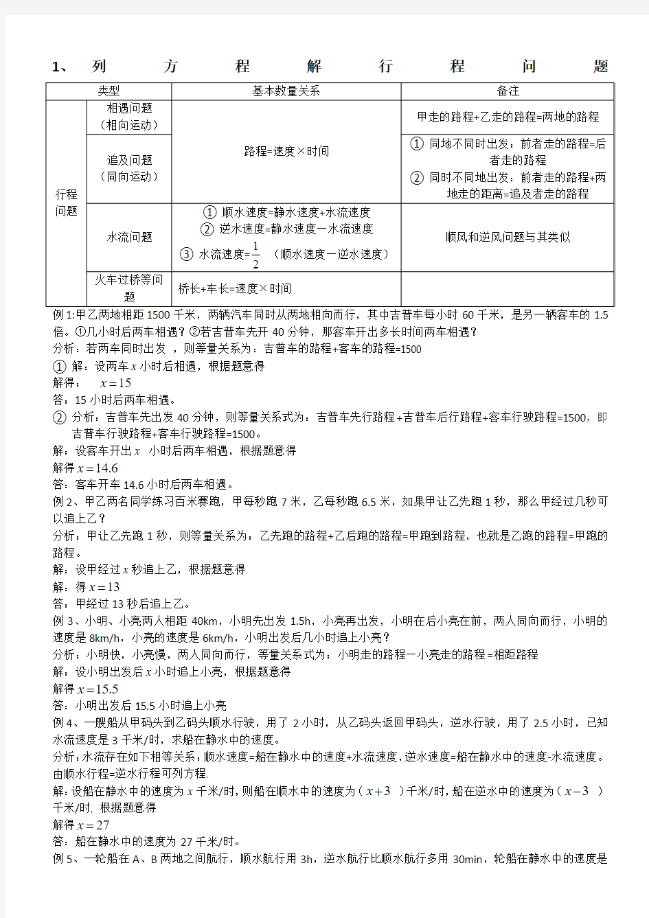 七年级一元一次方程解决实际问题及分析答案(1)