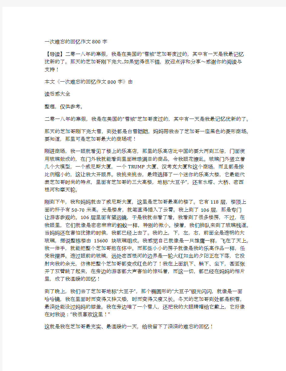 一次难忘的回忆作文800字