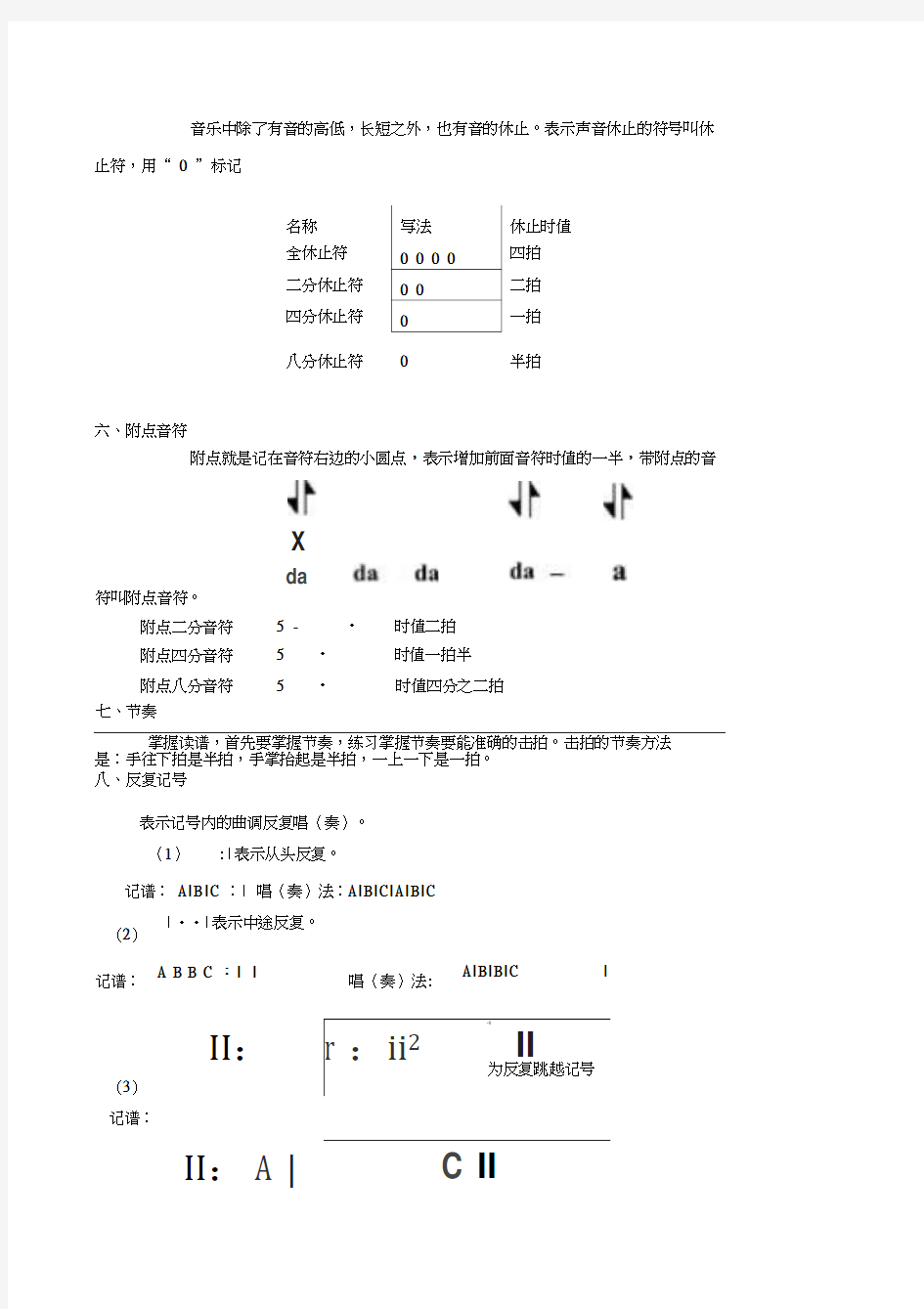 小学音乐简谱乐理知识