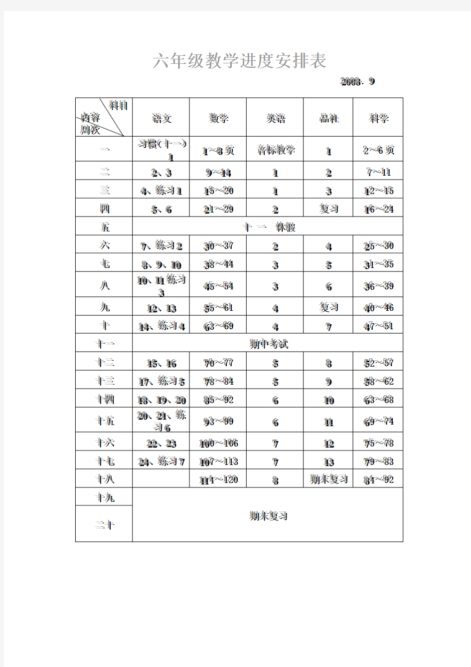 小学语文教学进度安排表