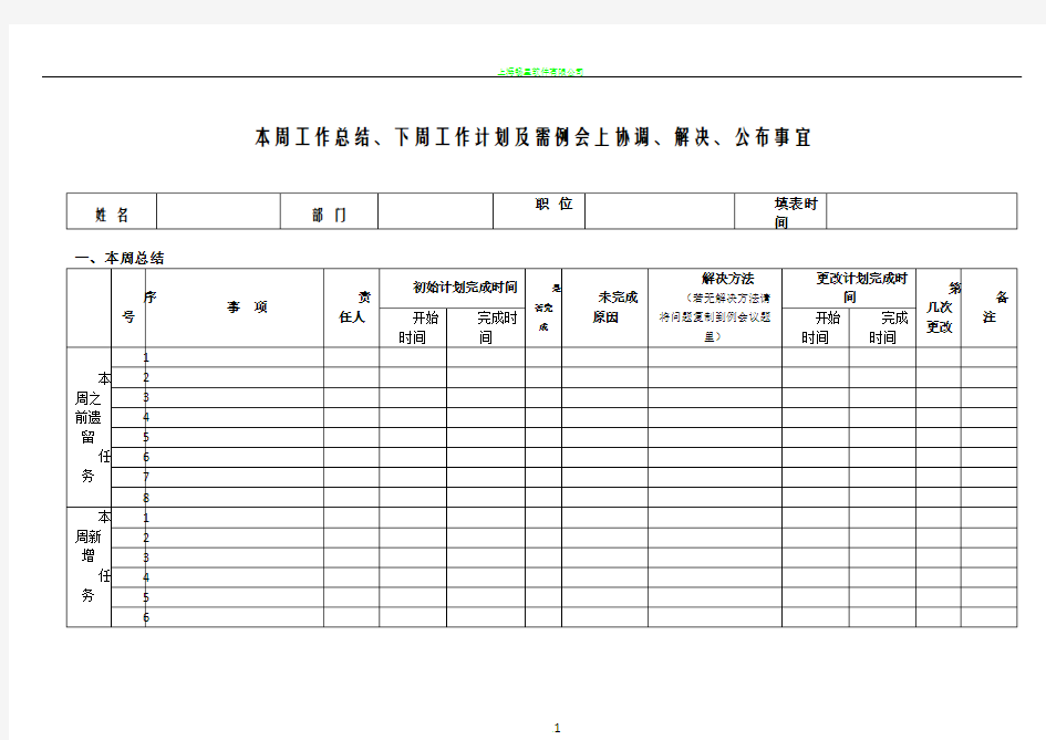 周工作总结计划表格