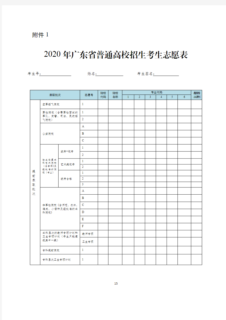 2020年广东省普通高校招生考生志愿表