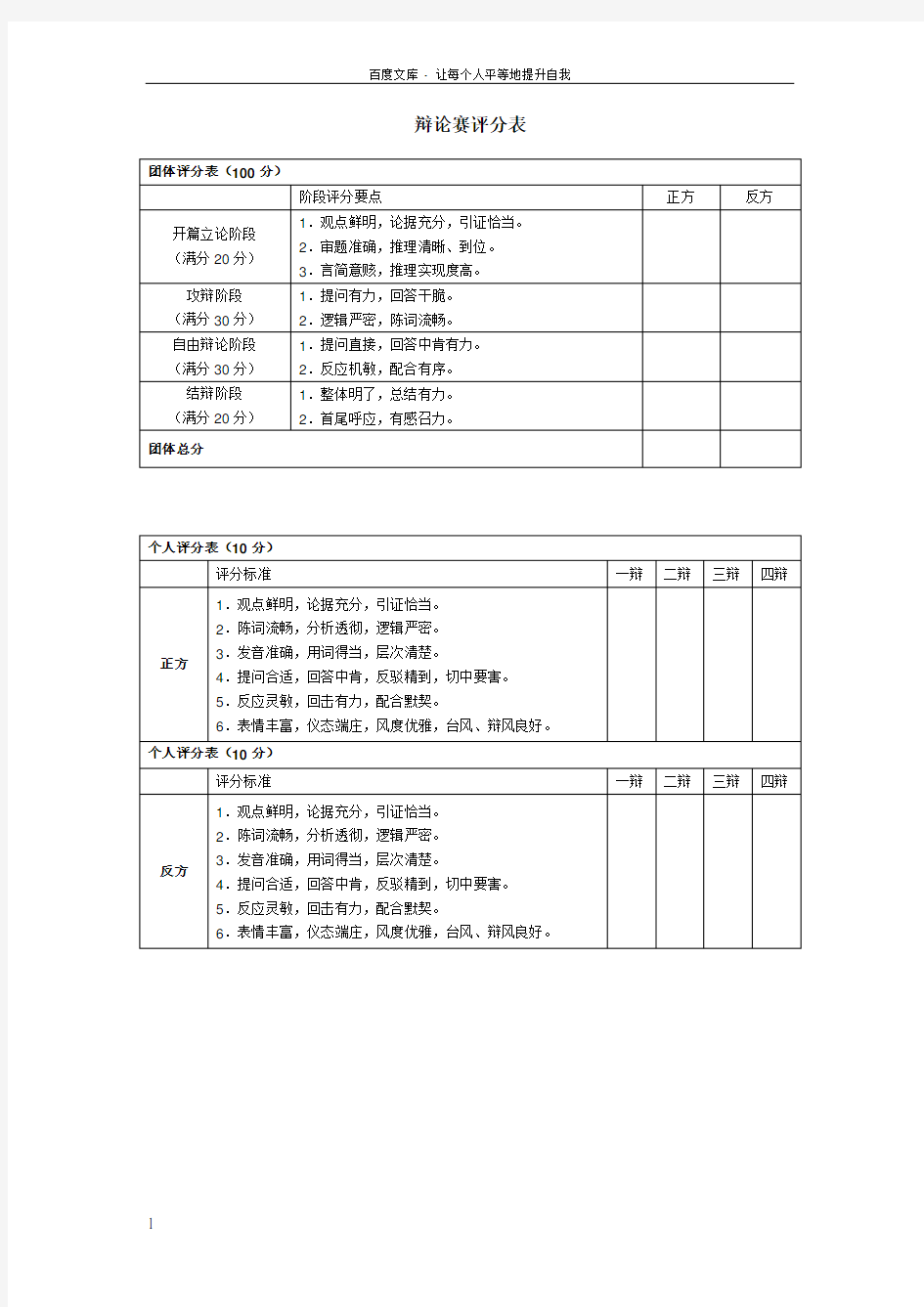 最简洁的辩论赛评分表