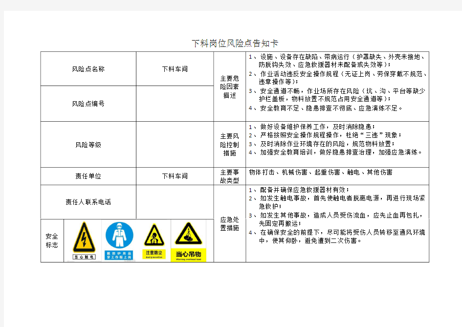 下料岗位风险点告知卡