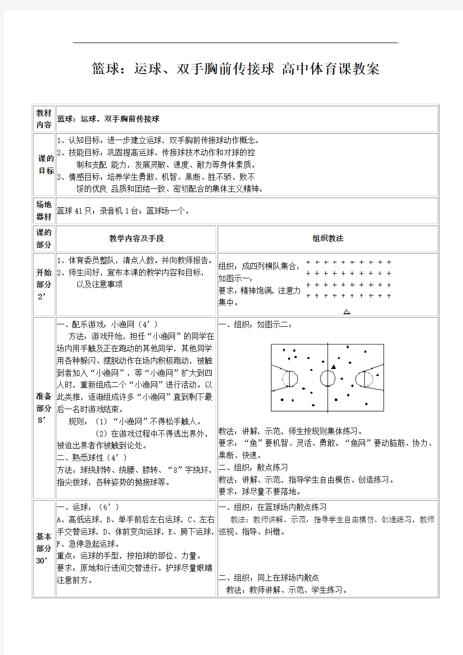 篮球：运球、双手胸前传接球 高中体育课教案