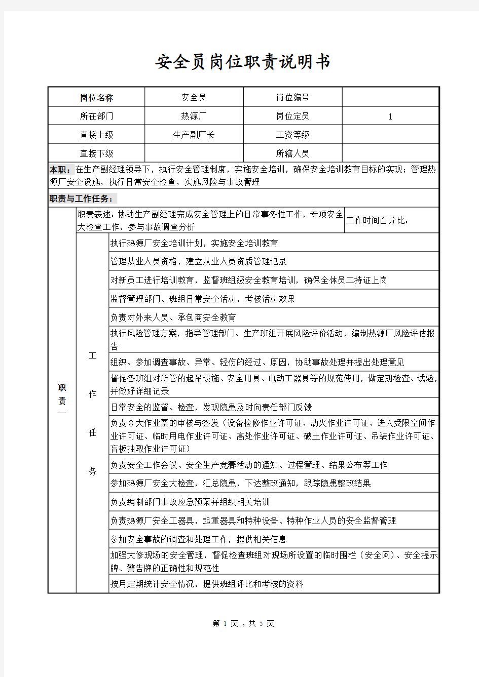 热电厂所有岗位职责说明书