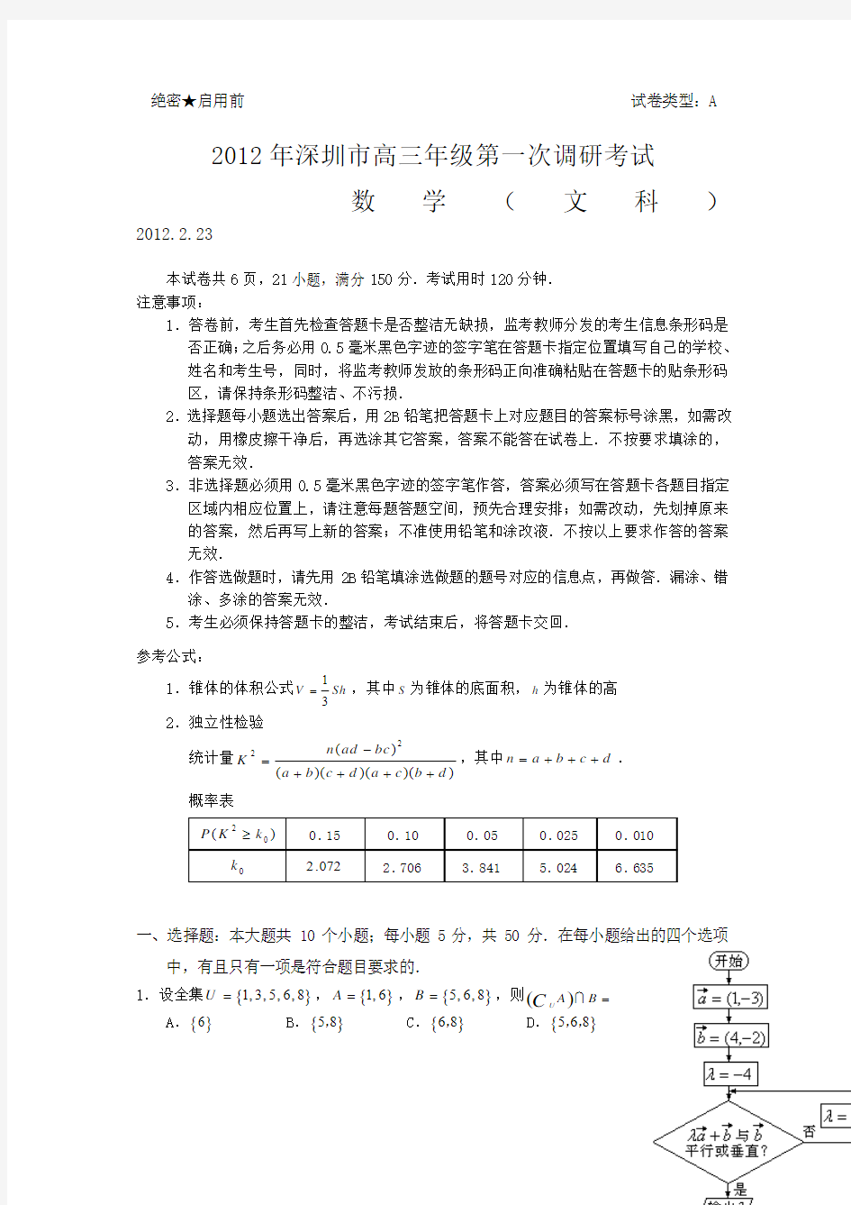 2012年深圳市高三年级第一次调研考试 文科文科数学