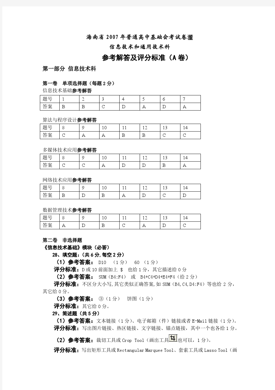 海南省2007-2011年历届普通高中技术科基础会考参考答案