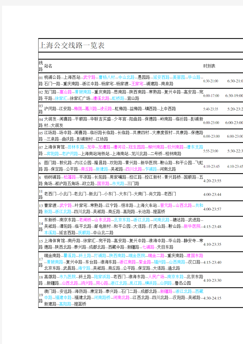 上海公交线路一览表
