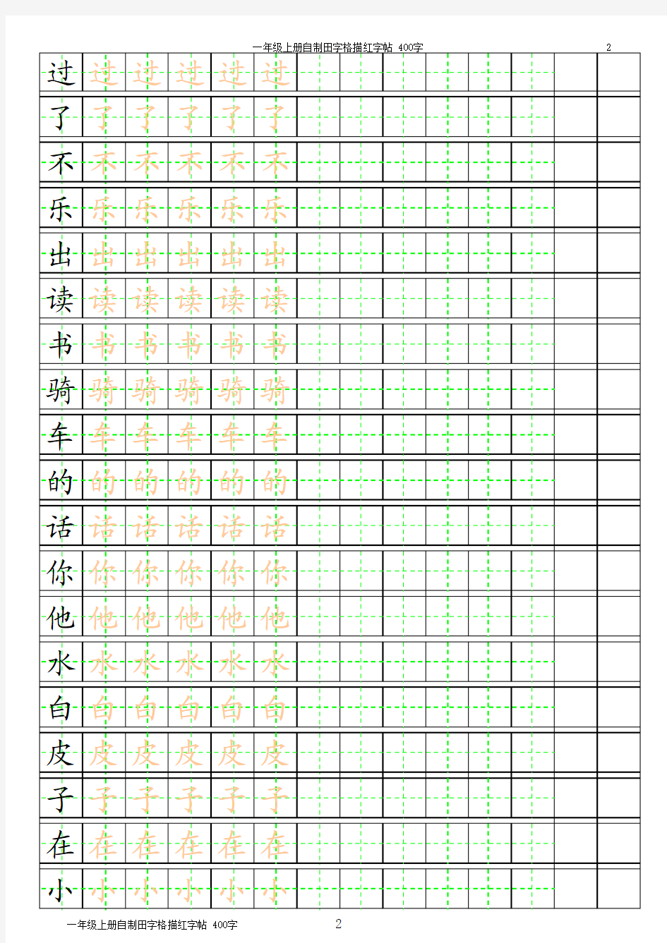 一年级上册自制田字格描红字帖_400字(可自动生成描红_分享)