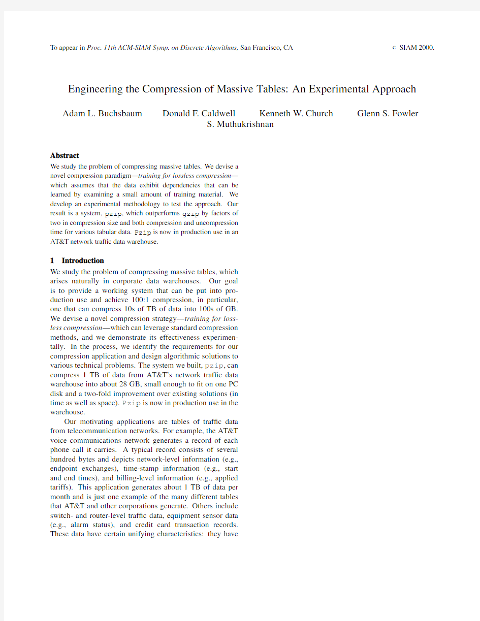 Engineering the Compression of Massive Tables An Experimental Approach SIAM 2000.