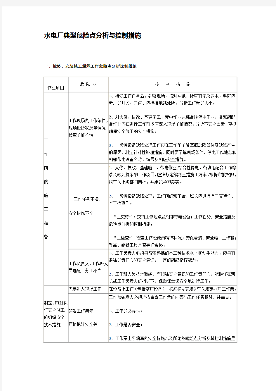 水电厂典型危险点分析与控制措施