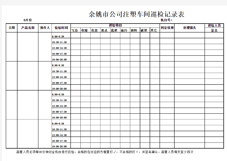 注塑部制程巡检记录表